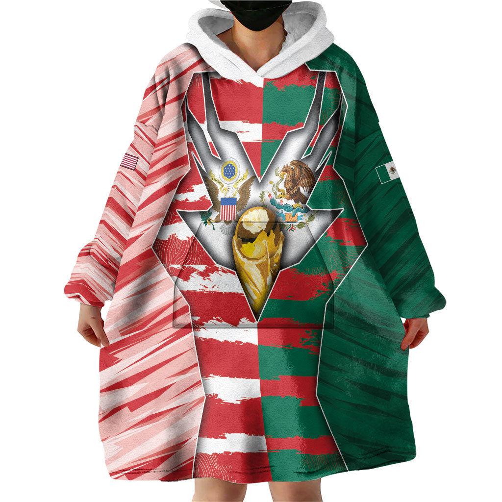 Custom USA And Mexico Football Wearable Blanket Hoodie Split Flag Golden Trophy Grunge