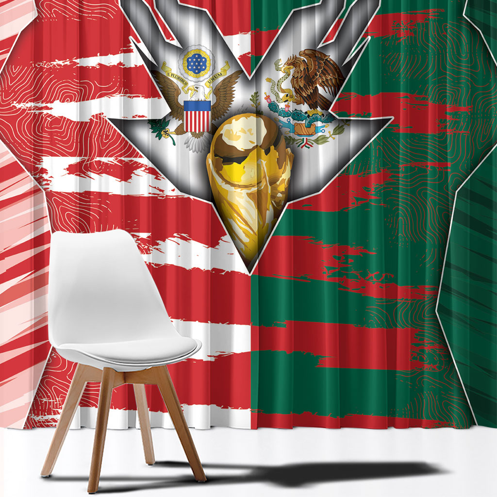 USA And Mexico Football Window Curtain Split Flag Golden Trophy Grunge