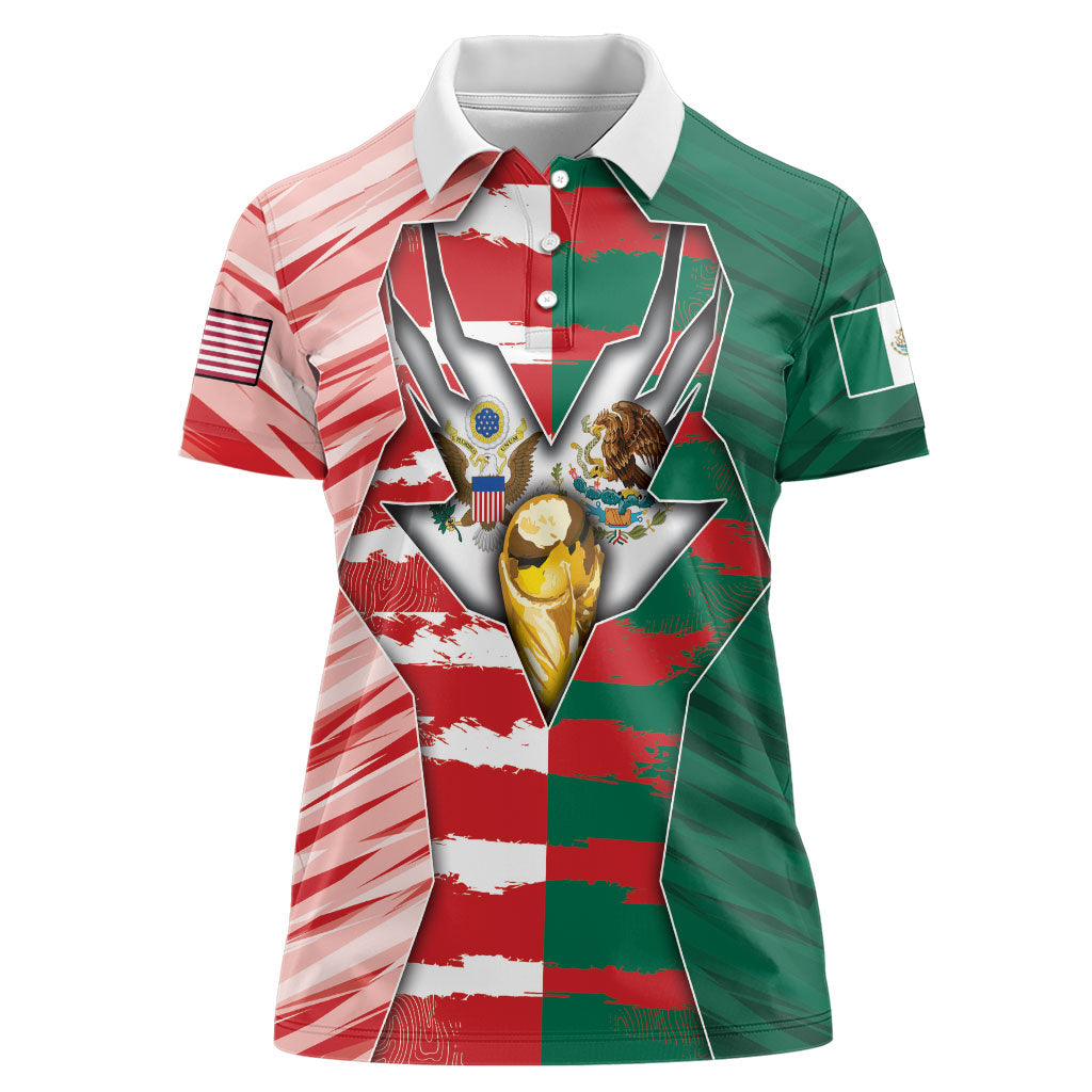 Custom USA And Mexico Football Women Polo Shirt Split Flag Golden Trophy Grunge