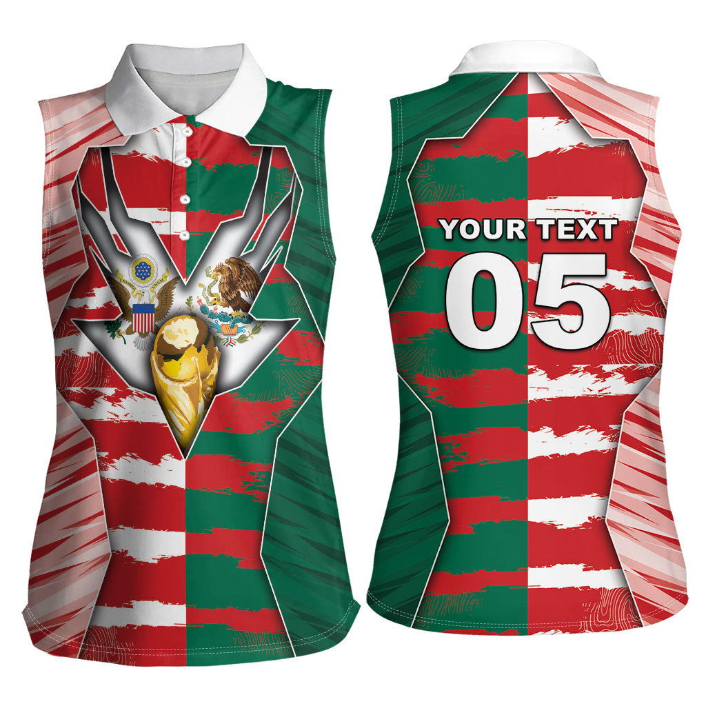 Custom USA And Mexico Football Women Sleeveless Polo Shirt Split Flag Golden Trophy Grunge