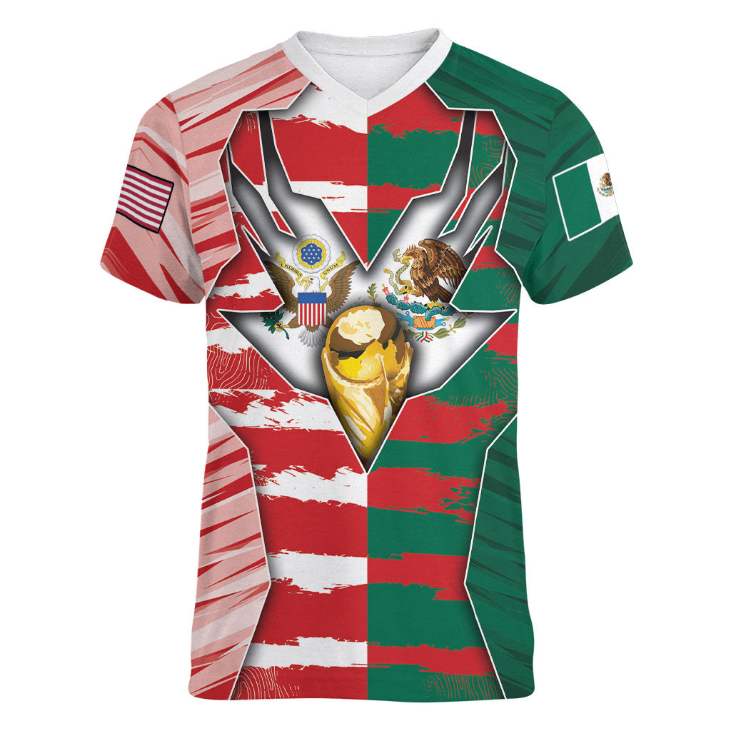 Custom USA And Mexico Football Women V-Neck T-Shirt Split Flag Golden Trophy Grunge