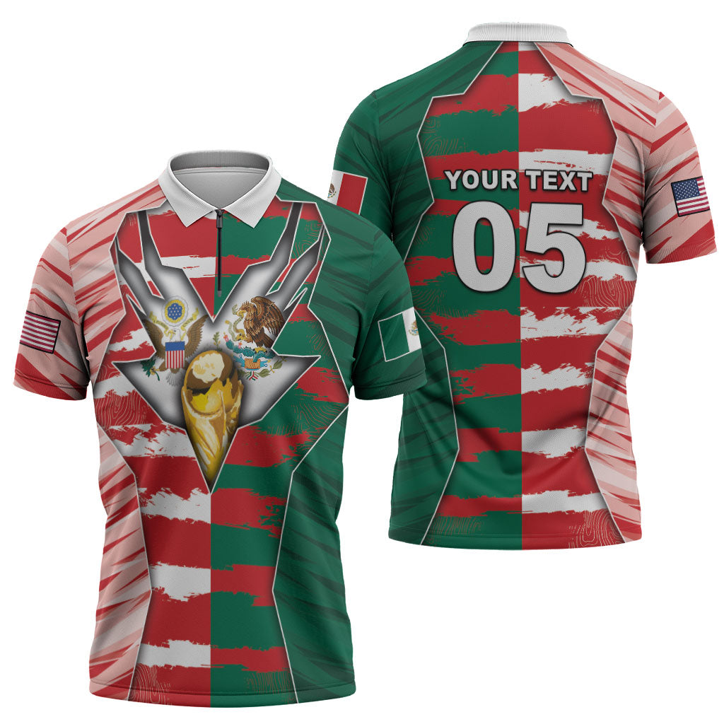 Custom USA And Mexico Football Zipper Polo Shirt Split Flag Golden Trophy Grunge