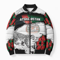 Personalized Afghanistan Bomber Puffer Jacket Snow Leopard With Flag Ripped Style