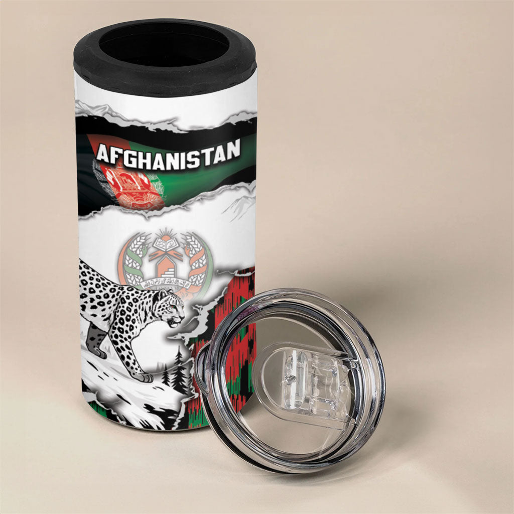 Personalized Afghanistan 4 in 1 Can Cooler Tumbler Snow Leopard With Flag Ripped Style