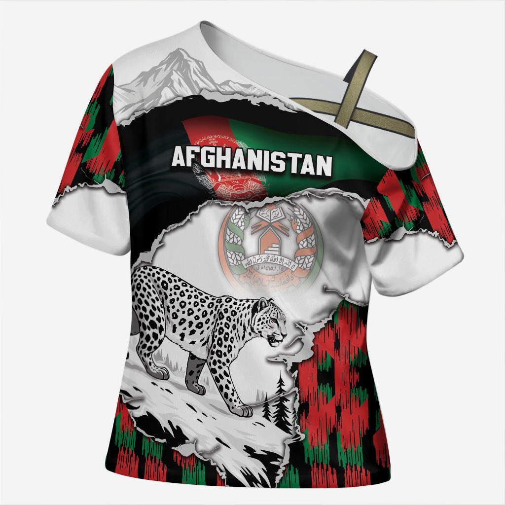 Personalized Afghanistan Cross Shoulder Shirt Snow Leopard With Flag Ripped Style