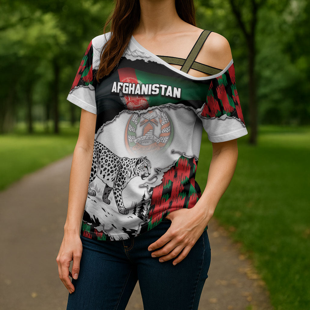 Personalized Afghanistan Cross Shoulder Shirt Snow Leopard With Flag Ripped Style