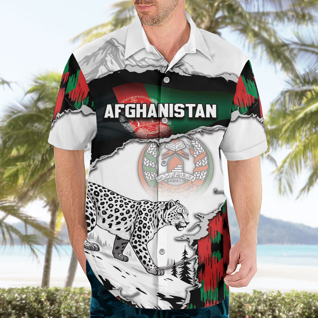 Personalized Afghanistan Hawaiian Shirt Snow Leopard With Flag Ripped Style