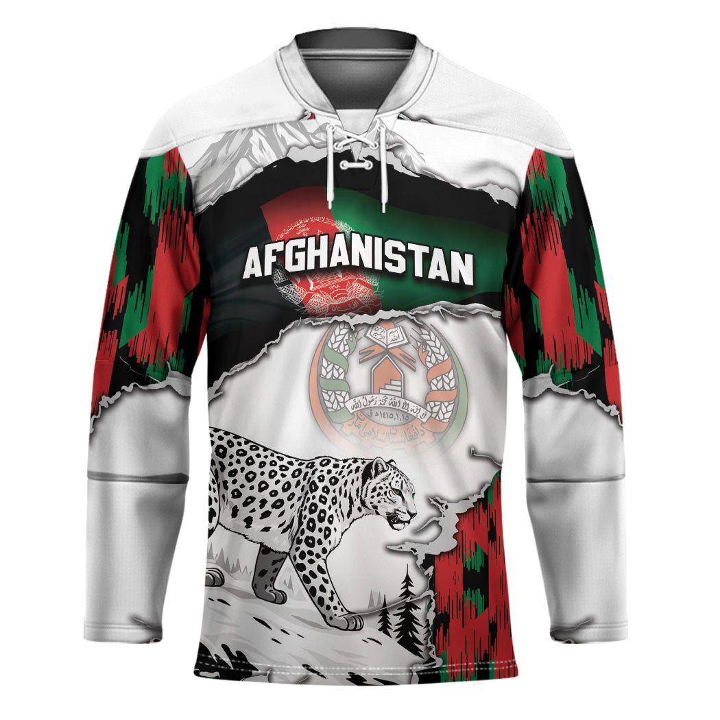 Personalized Afghanistan Hockey Jersey Snow Leopard With Flag Ripped Style