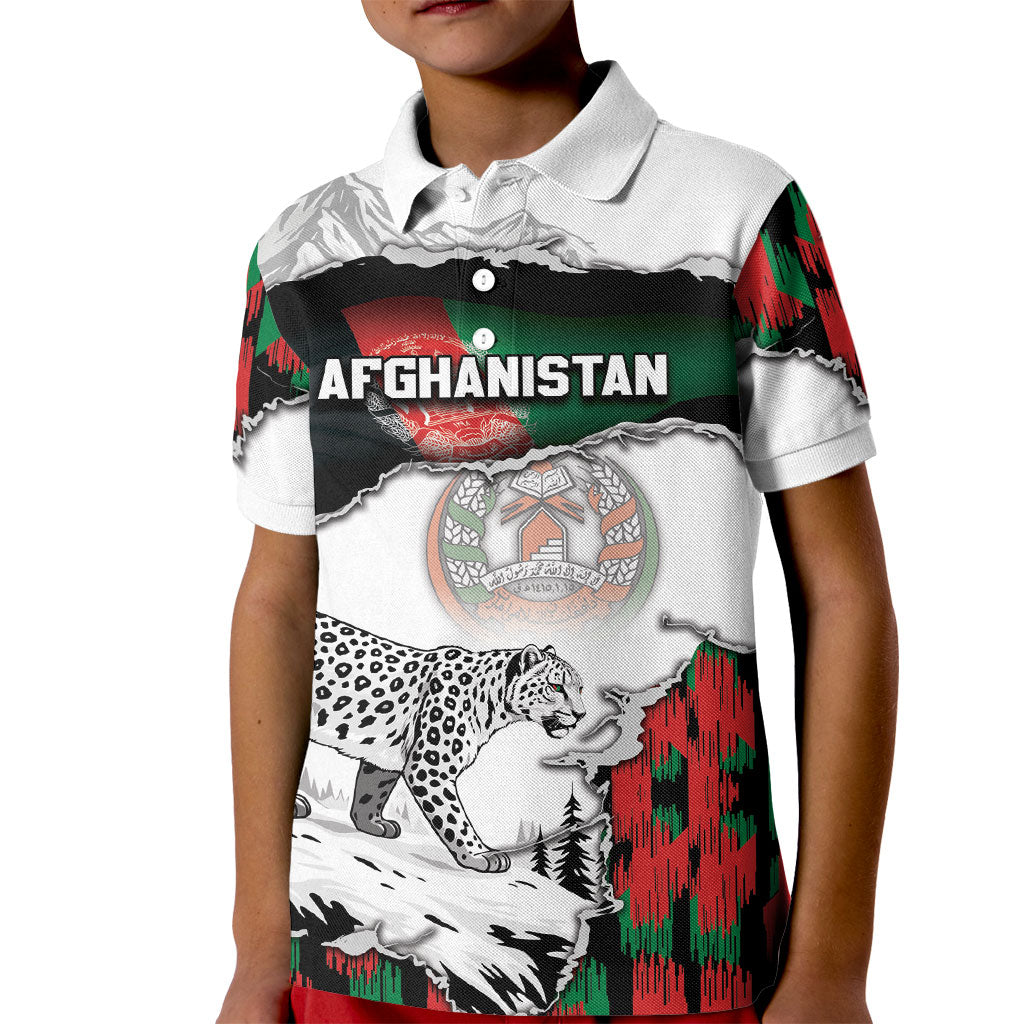 Personalized Afghanistan Kid Polo Shirt Snow Leopard With Flag Ripped Style