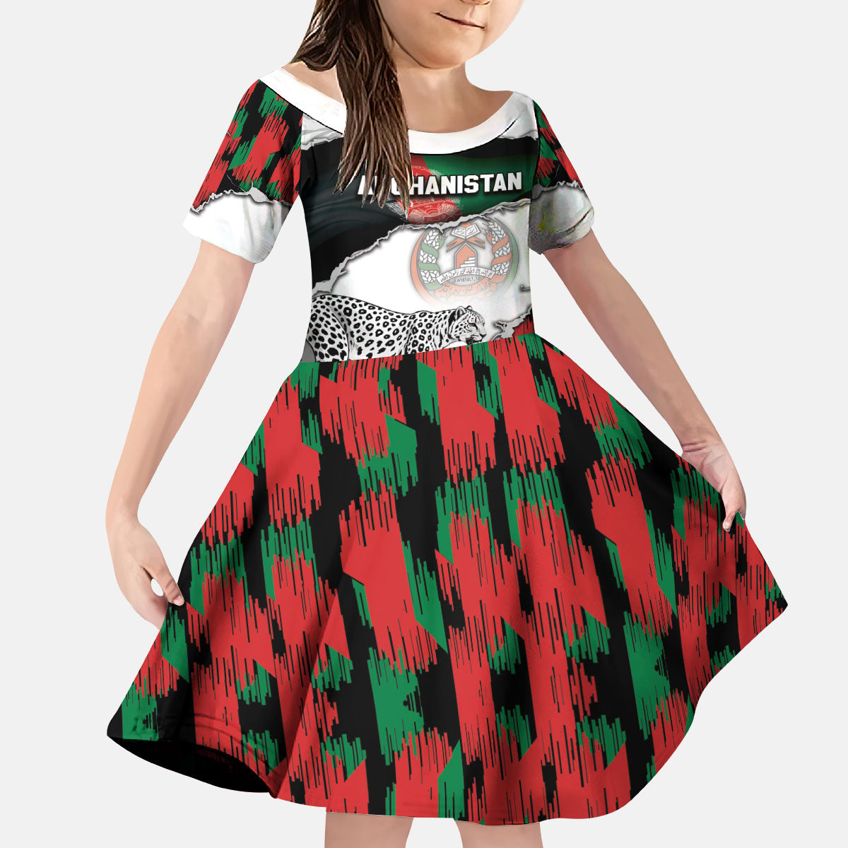 Personalized Afghanistan Kid Short Sleeve Dress Snow Leopard With Flag Ripped Style