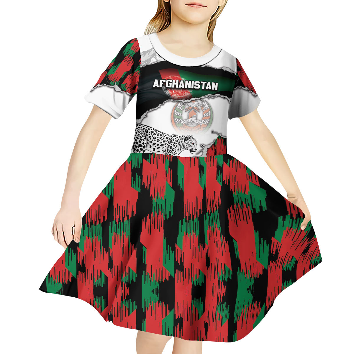 Personalized Afghanistan Kid Short Sleeve Dress Snow Leopard With Flag Ripped Style
