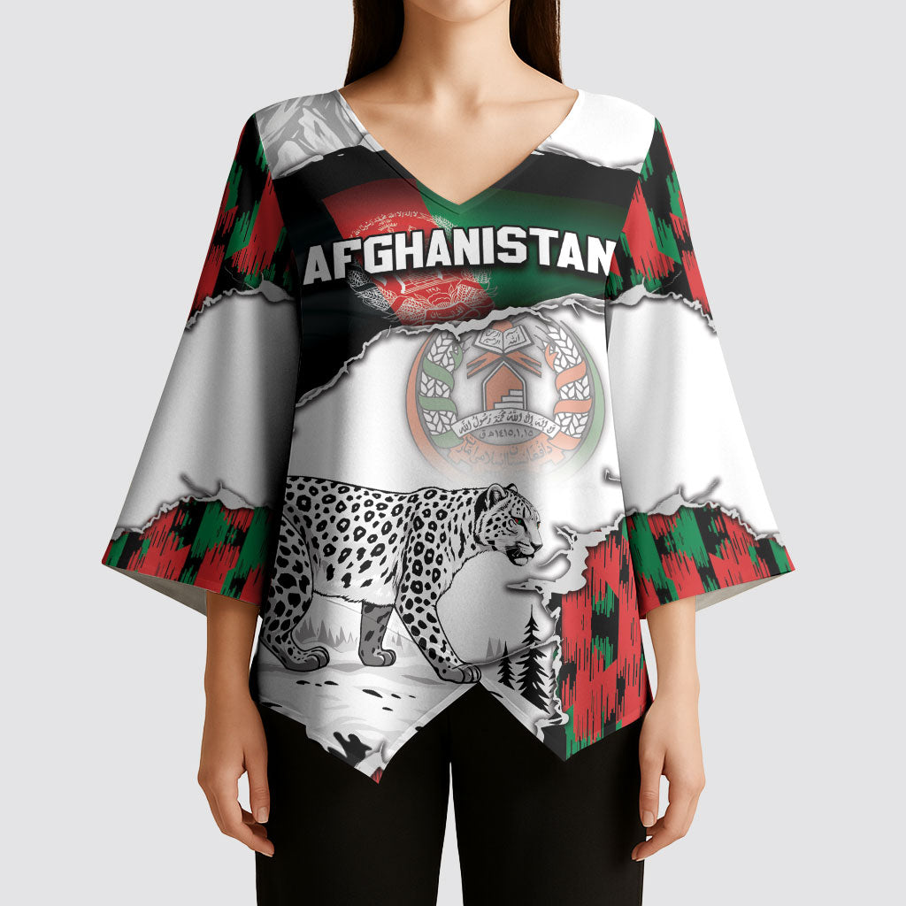 Personalized Afghanistan Kimono Sleeve Blouse Snow Leopard With Flag Ripped Style