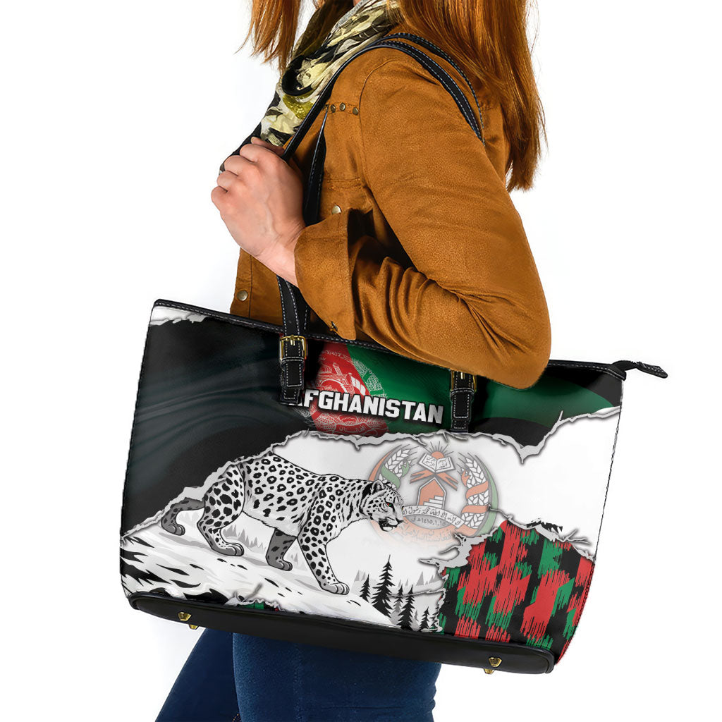 Afghanistan Leather Tote Bag Snow Leopard With Flag Ripped Style