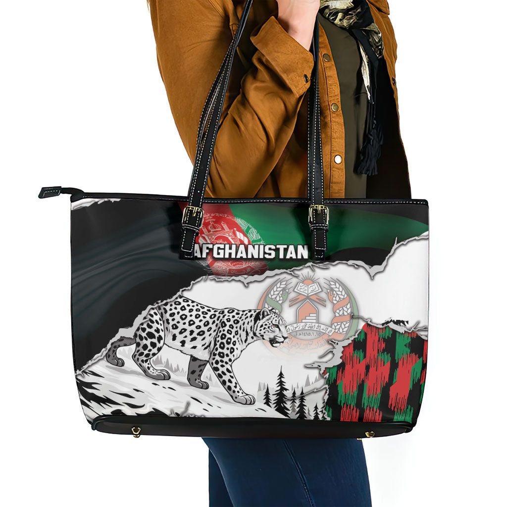 Afghanistan Leather Tote Bag Snow Leopard With Flag Ripped Style