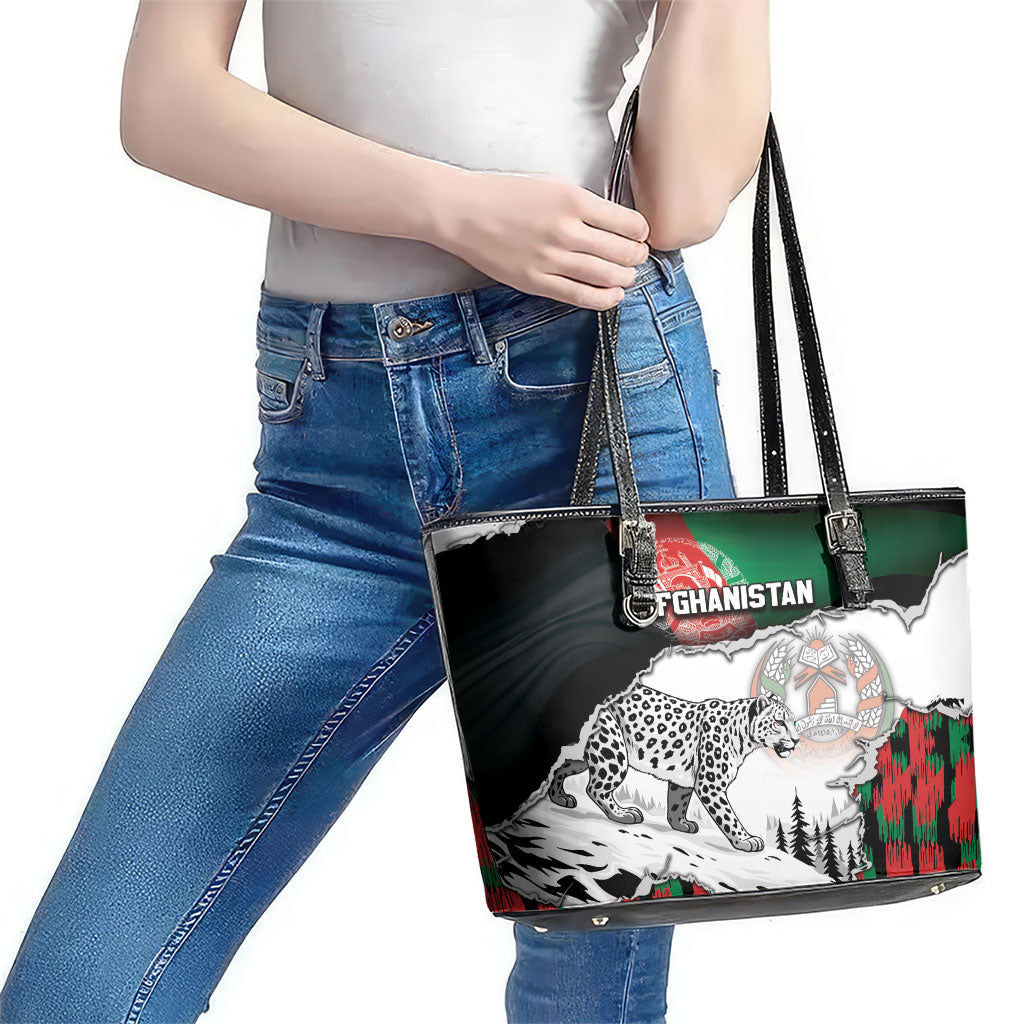 Afghanistan Leather Tote Bag Snow Leopard With Flag Ripped Style
