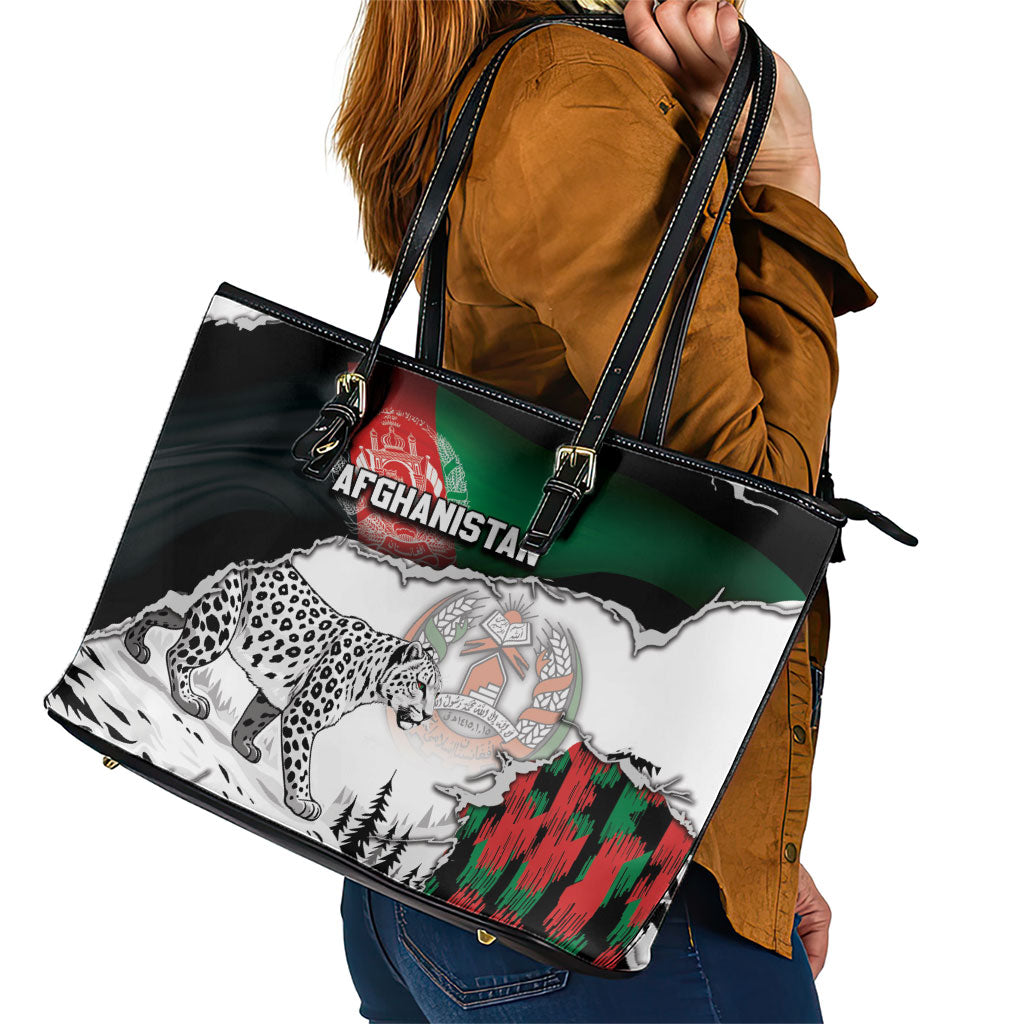 Afghanistan Leather Tote Bag Snow Leopard With Flag Ripped Style
