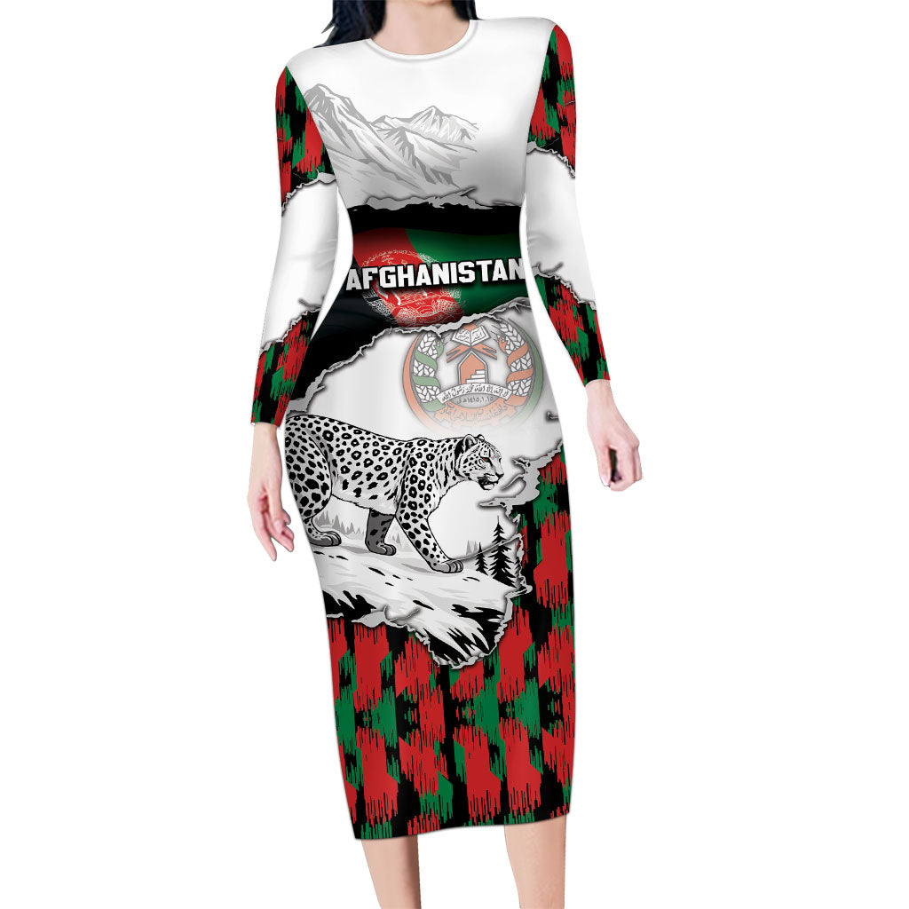 Personalized Afghanistan Long Sleeve Bodycon Dress Snow Leopard With Flag Ripped Style