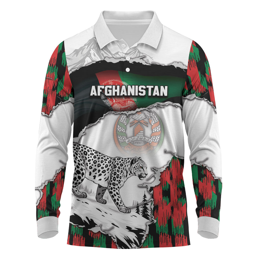 Personalized Afghanistan Long Sleeve Polo Shirt Snow Leopard With Flag Ripped Style