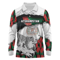 Personalized Afghanistan Long Sleeve Polo Shirt Snow Leopard With Flag Ripped Style