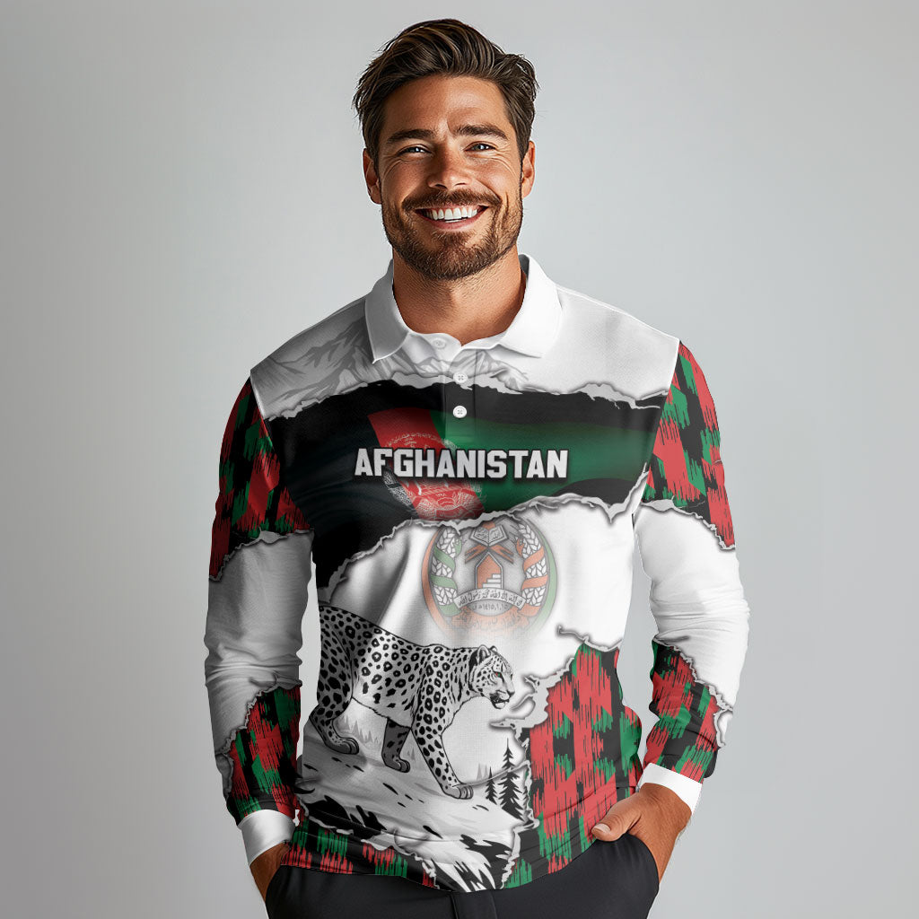 Personalized Afghanistan Long Sleeve Polo Shirt Snow Leopard With Flag Ripped Style