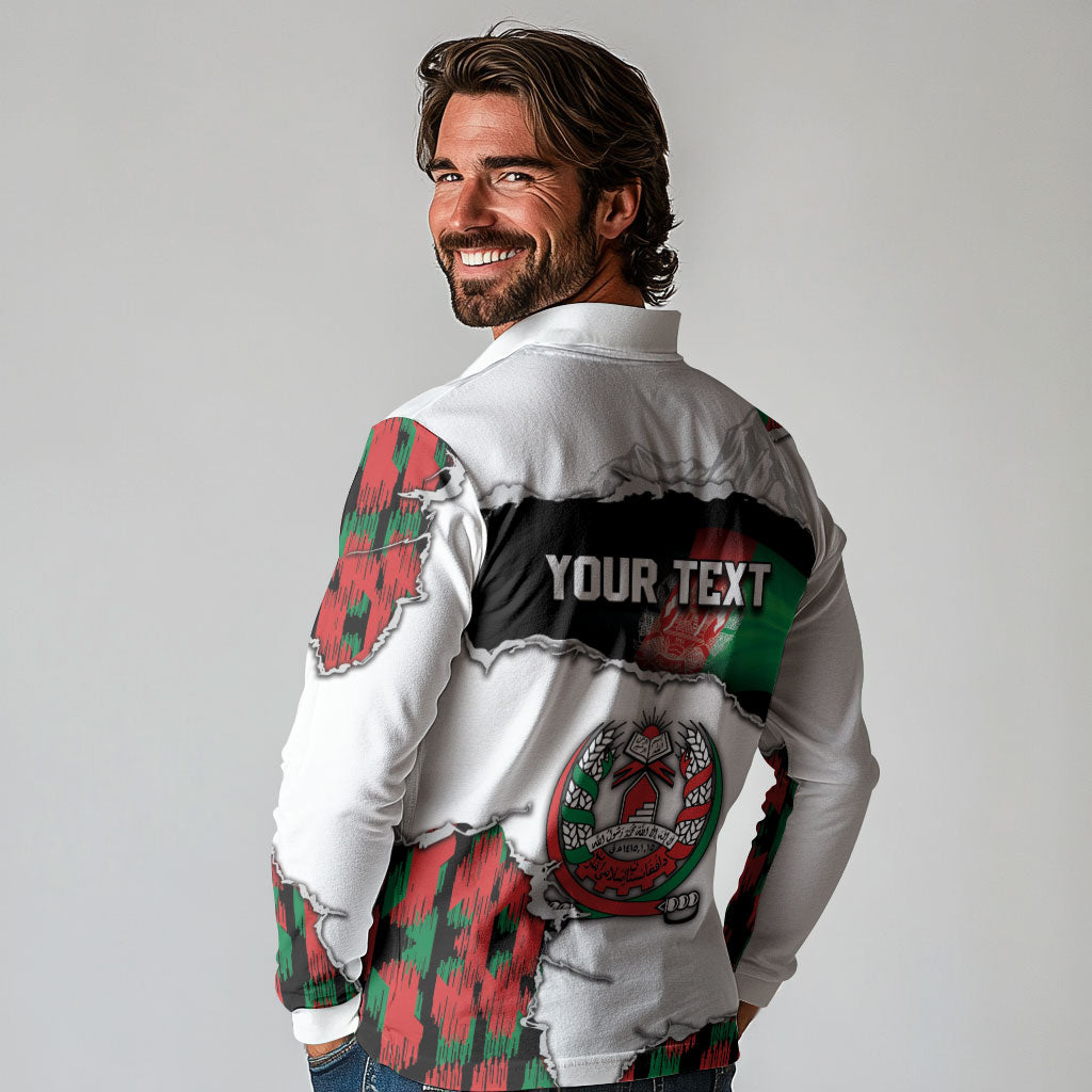 Personalized Afghanistan Long Sleeve Polo Shirt Snow Leopard With Flag Ripped Style