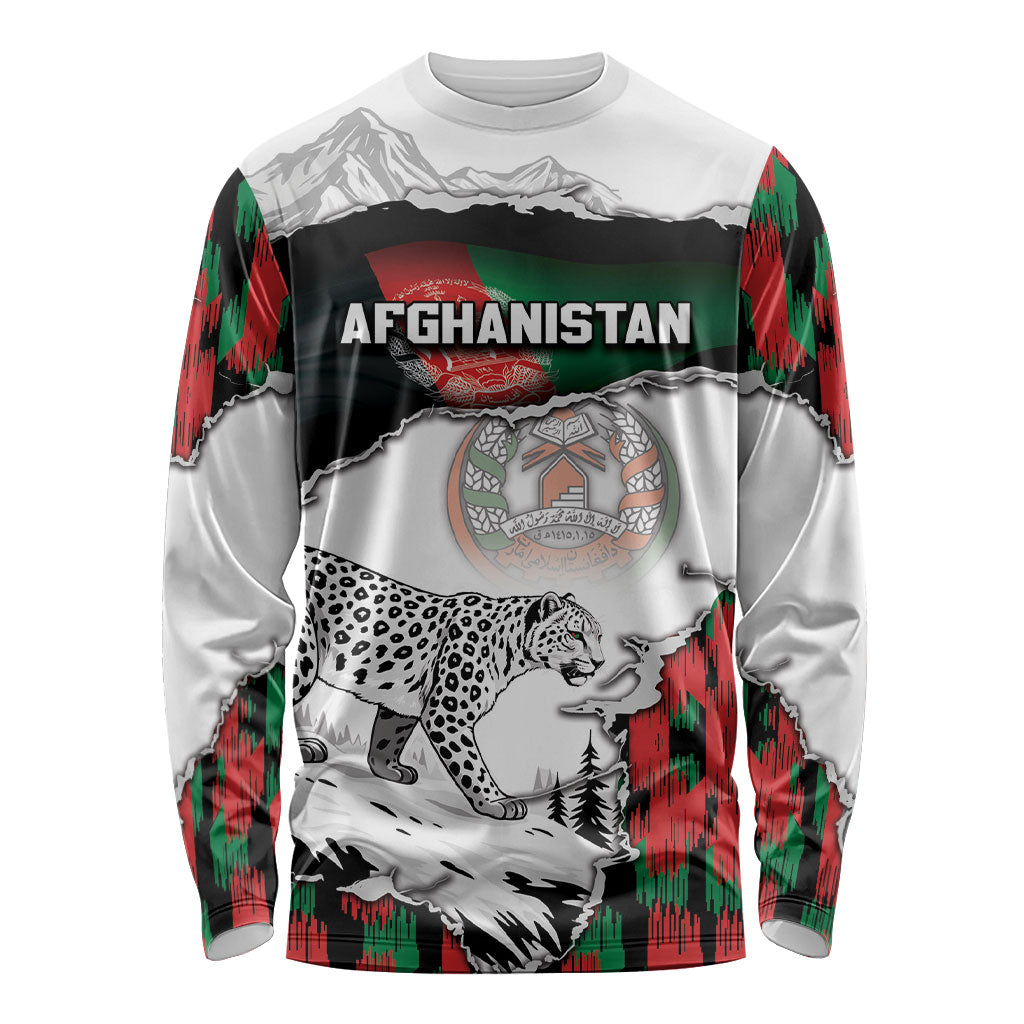 Personalized Afghanistan Long Sleeve Shirt Snow Leopard With Flag Ripped Style