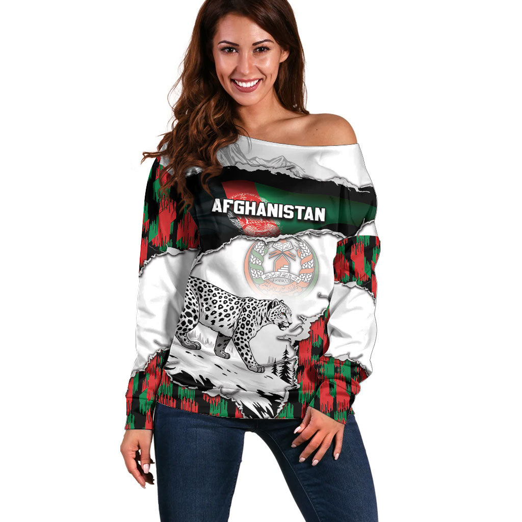 Personalized Afghanistan Off Shoulder Sweater Snow Leopard With Flag Ripped Style