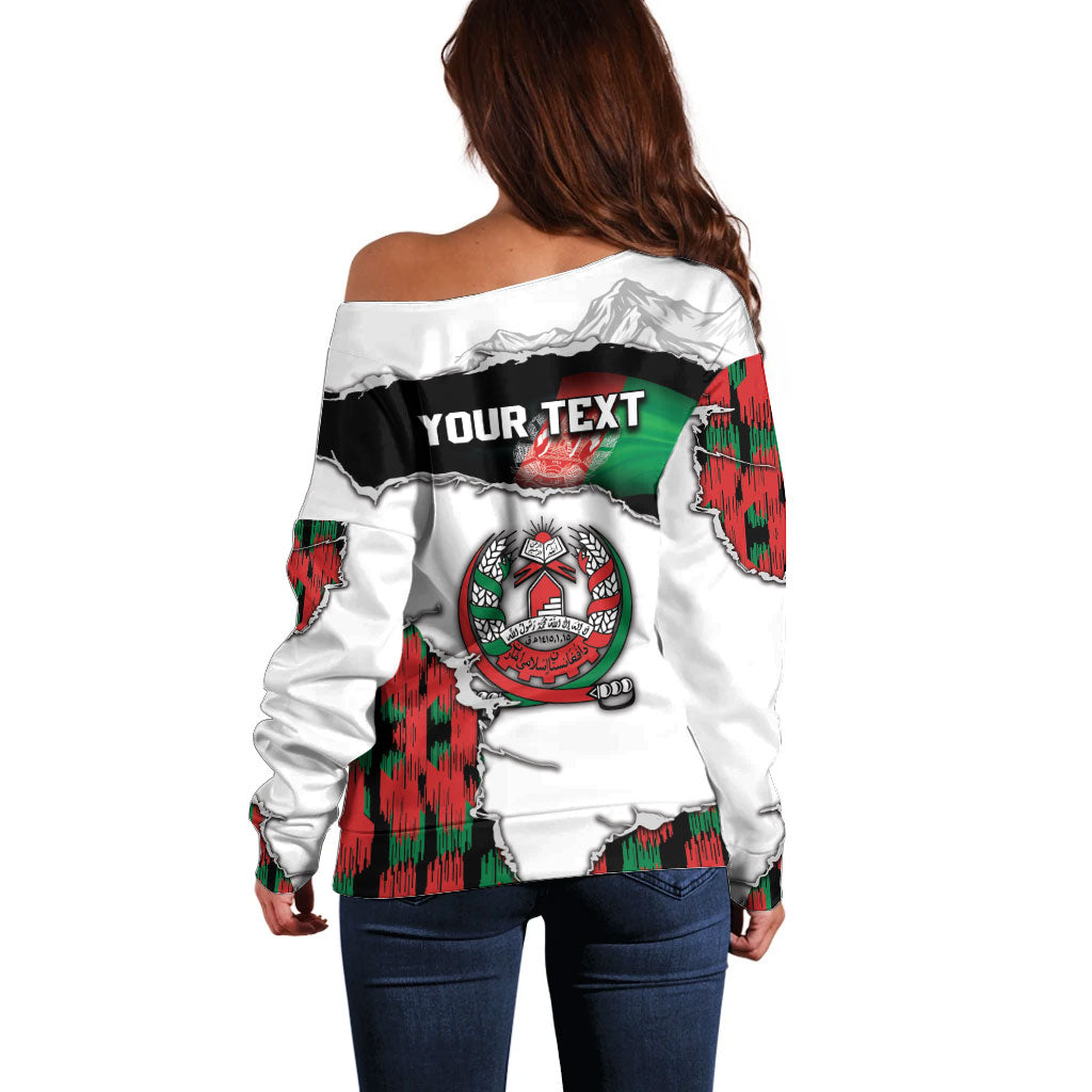 Personalized Afghanistan Off Shoulder Sweater Snow Leopard With Flag Ripped Style