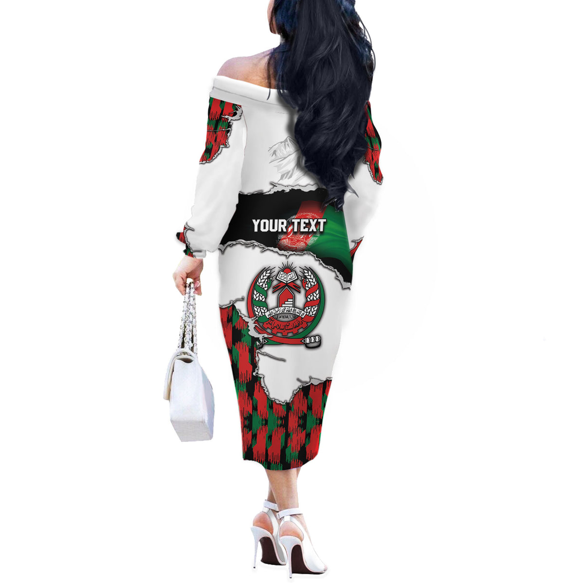 Personalized Afghanistan Off The Shoulder Long Sleeve Dress Snow Leopard With Flag Ripped Style