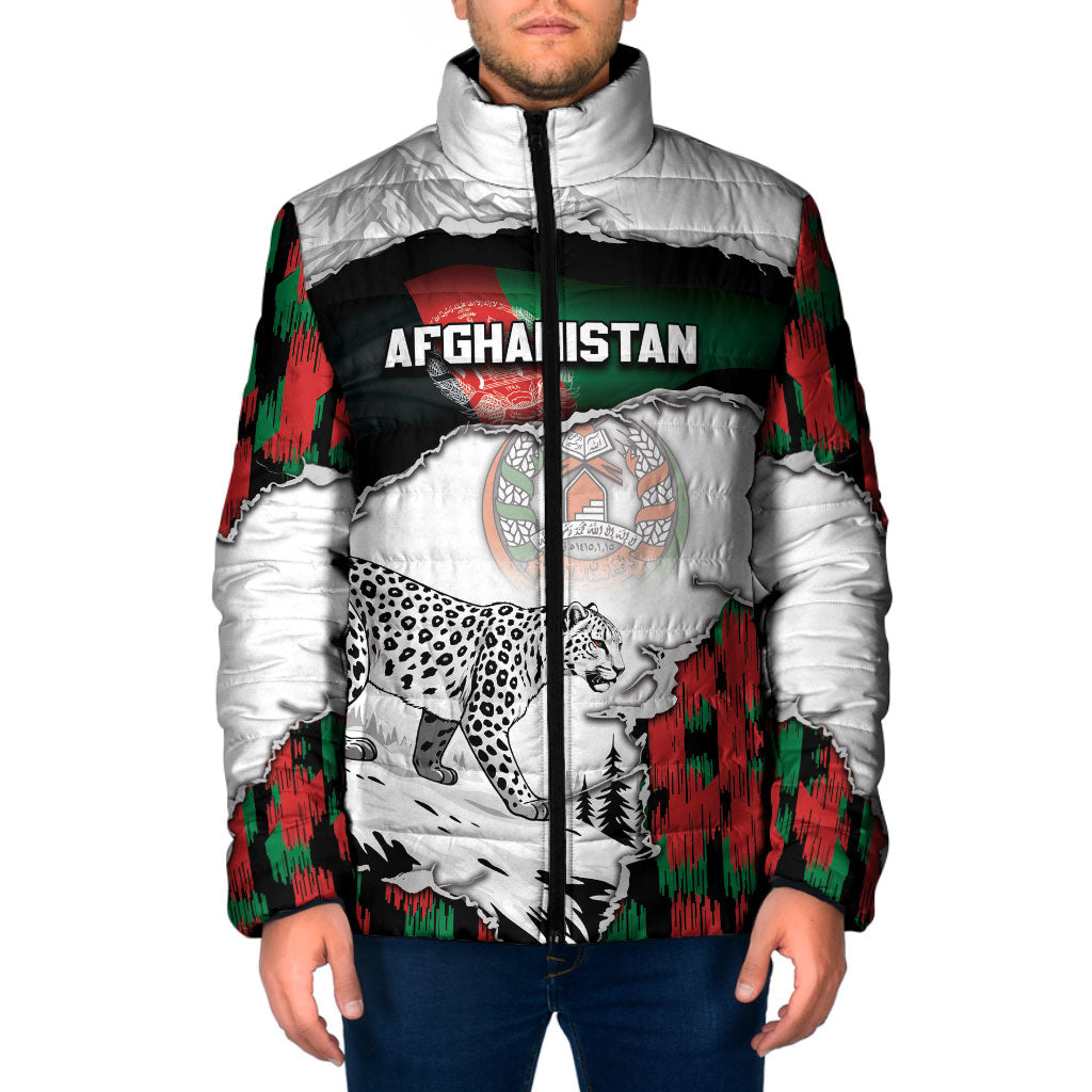 Personalized Afghanistan Padded Jacket Snow Leopard With Flag Ripped Style