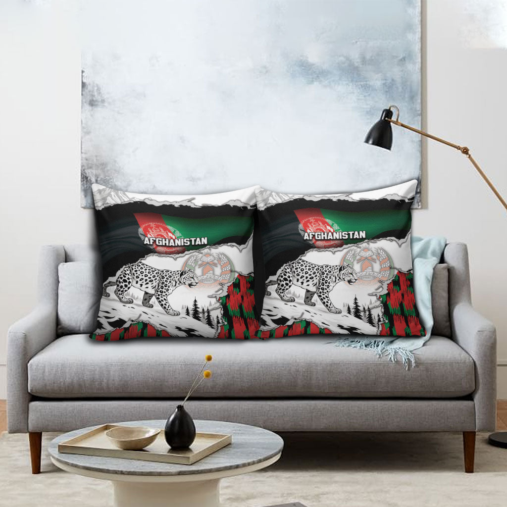 Afghanistan Pillow Cover Snow Leopard With Flag Ripped Style