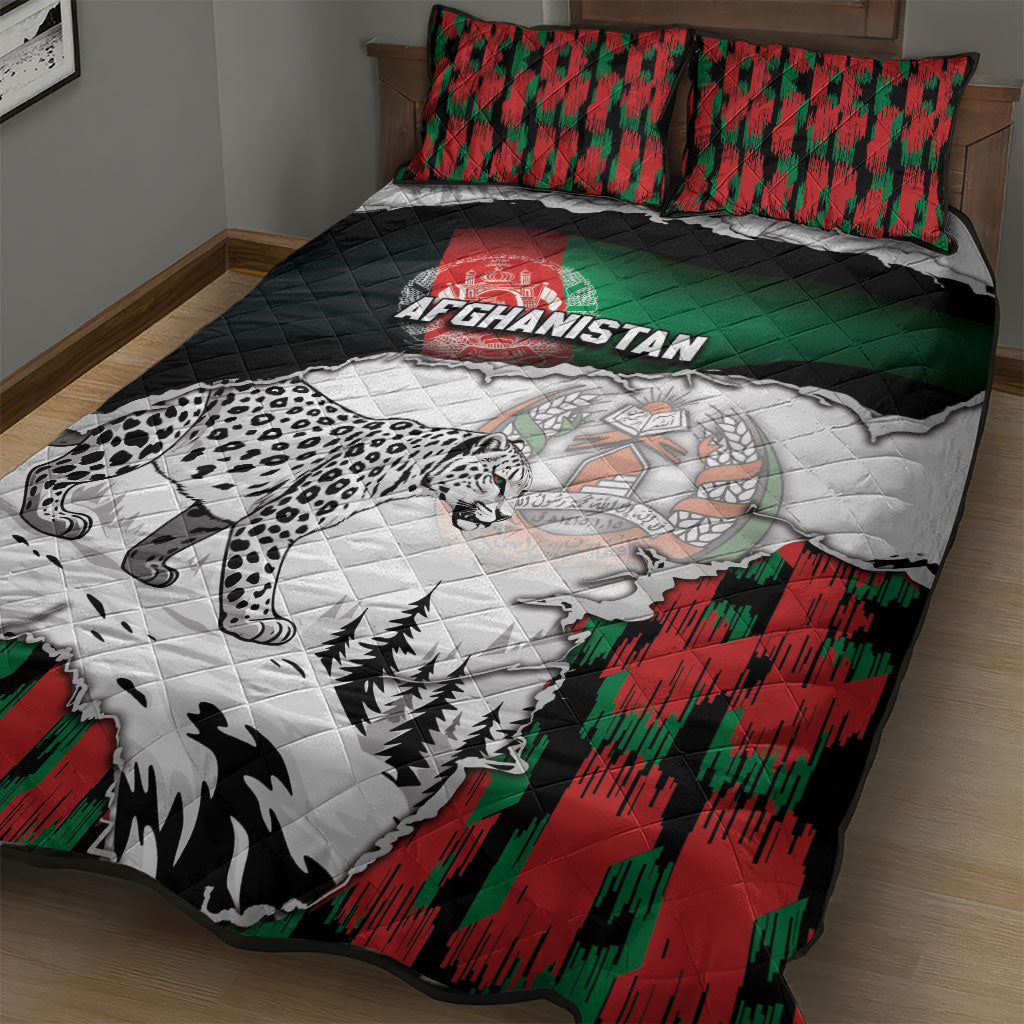 Afghanistan Quilt Bed Set Snow Leopard With Flag Ripped Style