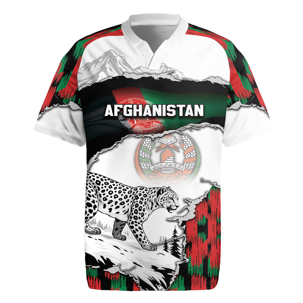 Personalized Afghanistan Rugby Jersey Snow Leopard With Flag Ripped Style