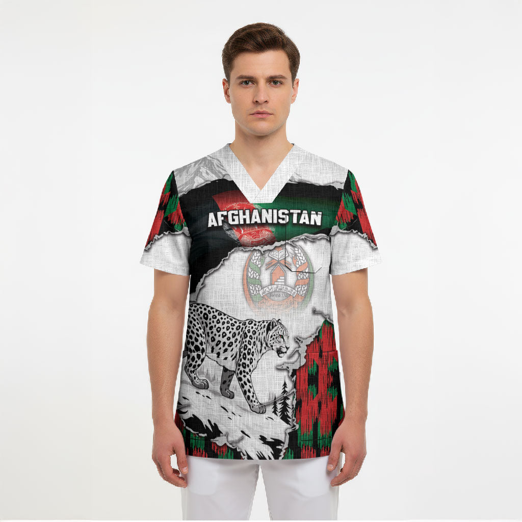 Personalized Afghanistan Scrub Top Snow Leopard With Flag Ripped Style