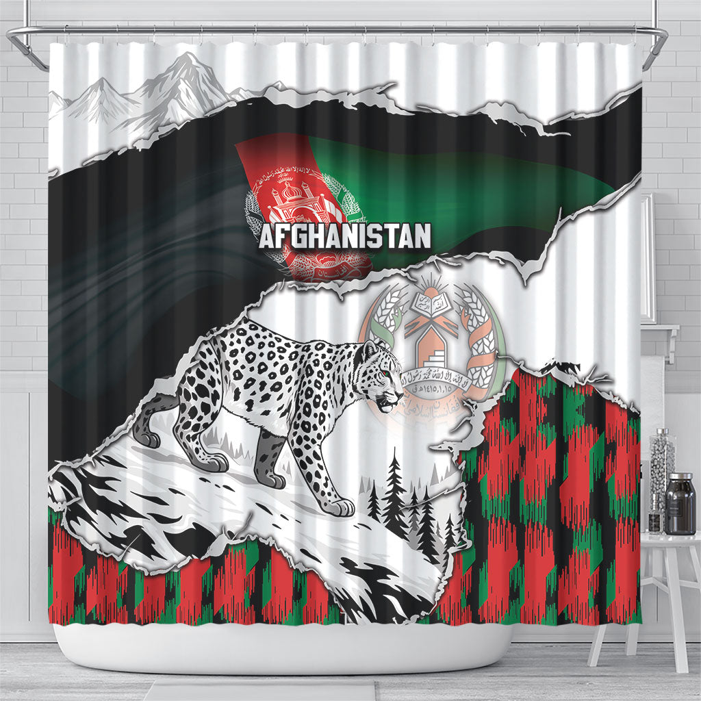 Afghanistan Shower Curtain Snow Leopard With Flag Ripped Style