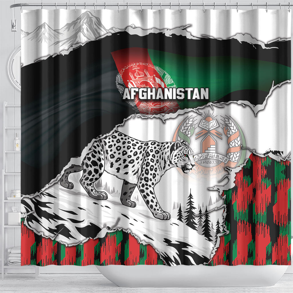 Afghanistan Shower Curtain Snow Leopard With Flag Ripped Style