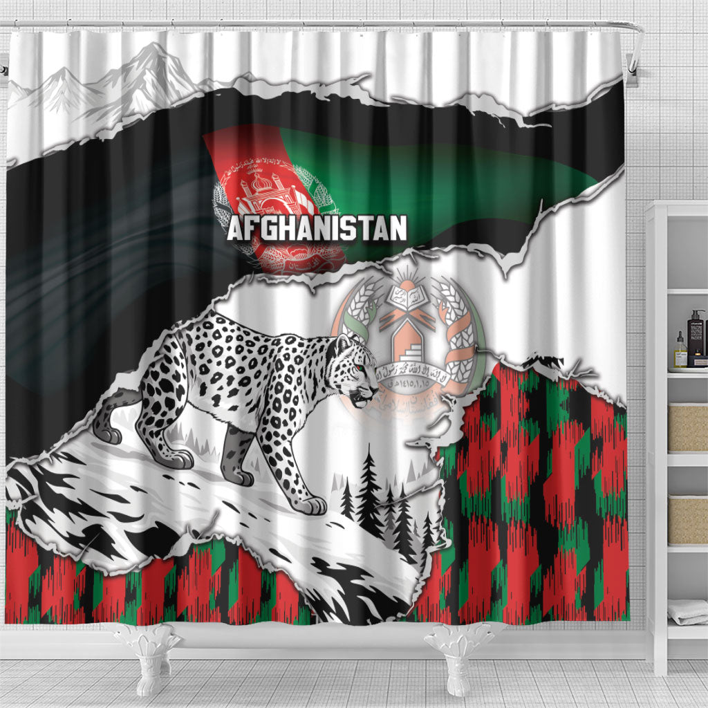 Afghanistan Shower Curtain Snow Leopard With Flag Ripped Style