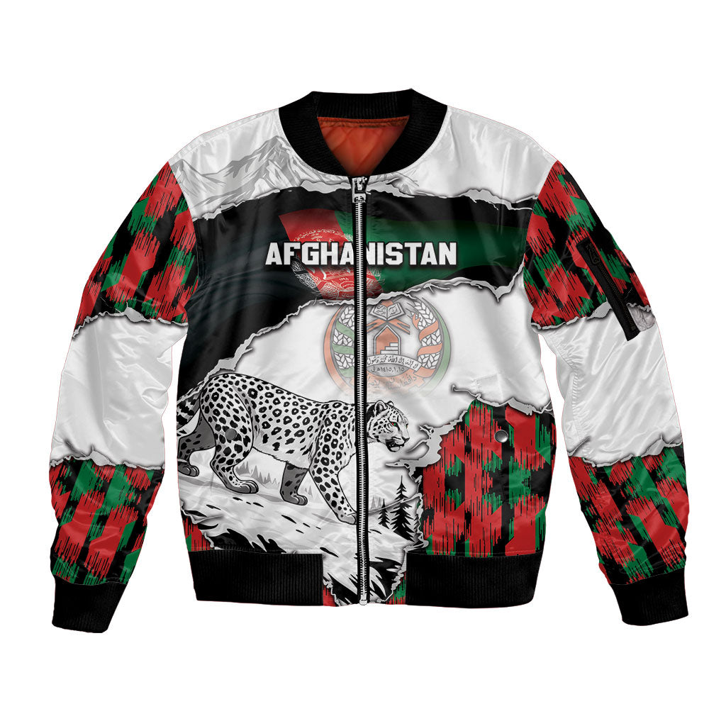 Personalized Afghanistan Sleeve Zip Bomber Jacket Snow Leopard With Flag Ripped Style