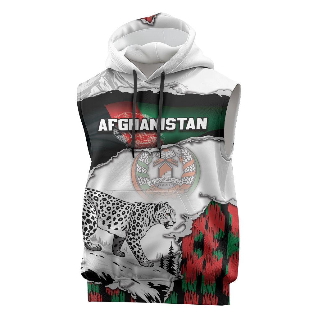 Personalized Afghanistan Sleeveless Hoodie Snow Leopard With Flag Ripped Style