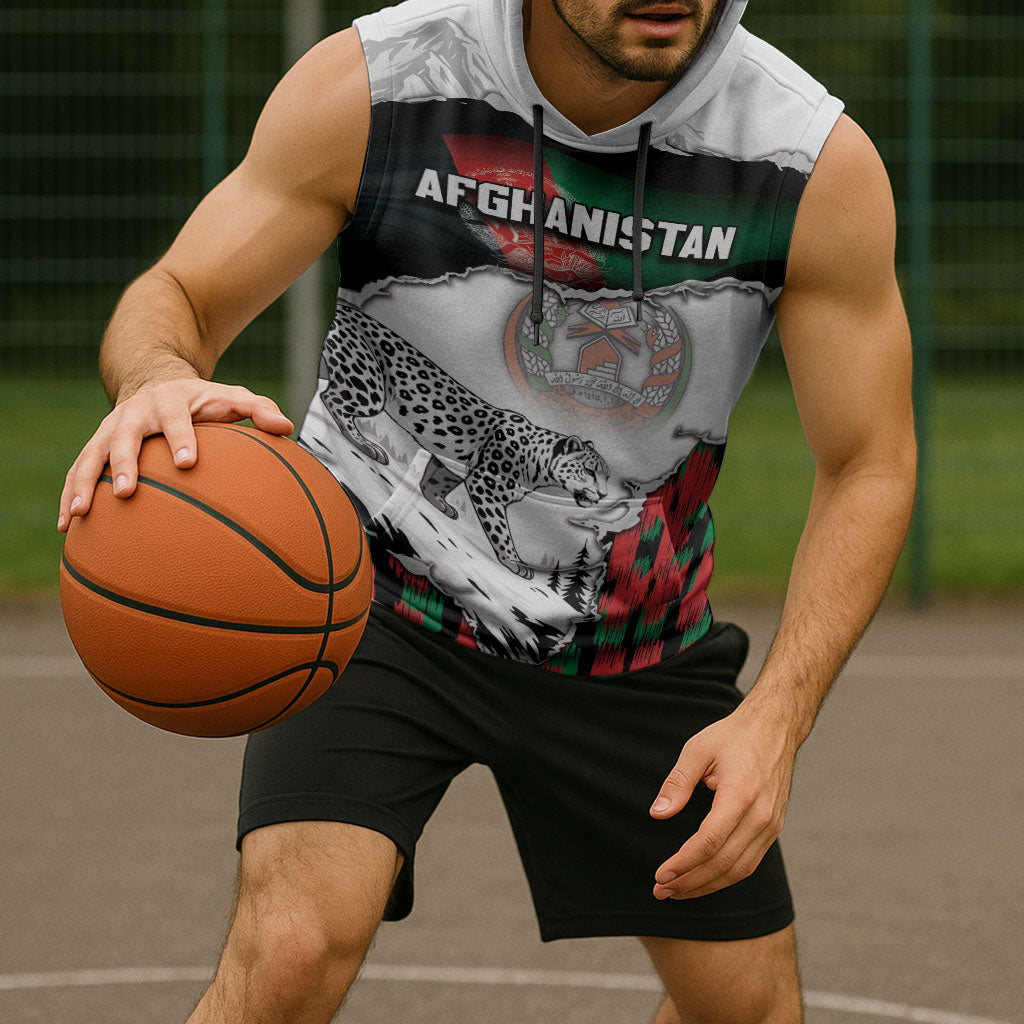 Personalized Afghanistan Sleeveless Hoodie Snow Leopard With Flag Ripped Style