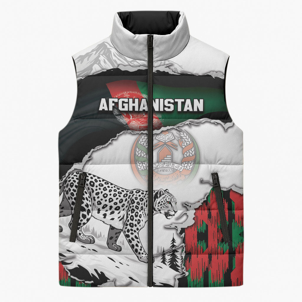 Personalized Afghanistan Sleeveless Puffer Jacket Snow Leopard With Flag Ripped Style