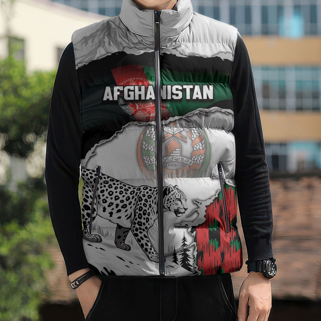 Personalized Afghanistan Sleeveless Puffer Jacket Snow Leopard With Flag Ripped Style