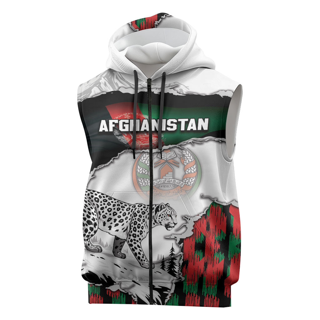 Personalized Afghanistan Sleeveless Zip Hoodie Snow Leopard With Flag Ripped Style