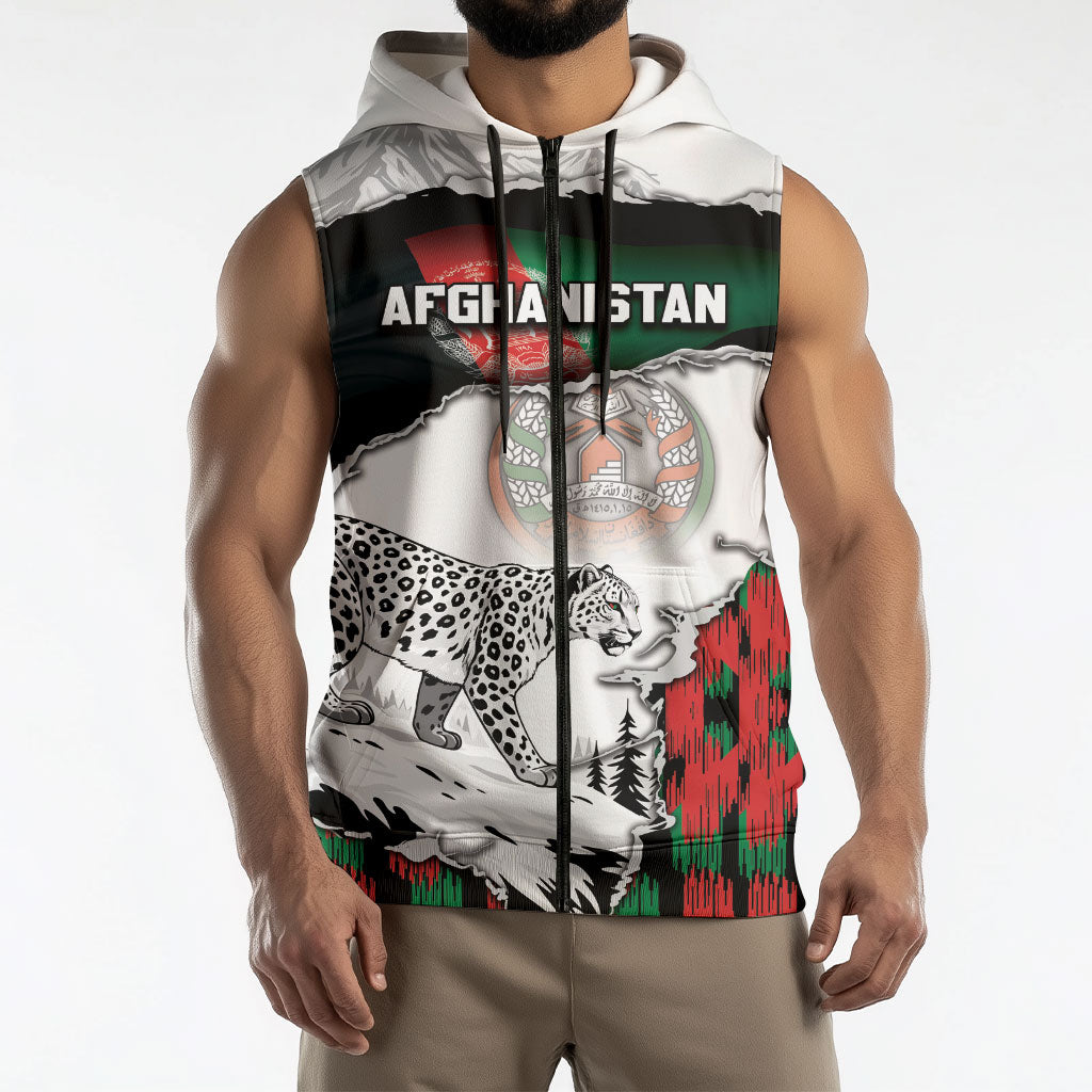 Personalized Afghanistan Sleeveless Zip Hoodie Snow Leopard With Flag Ripped Style