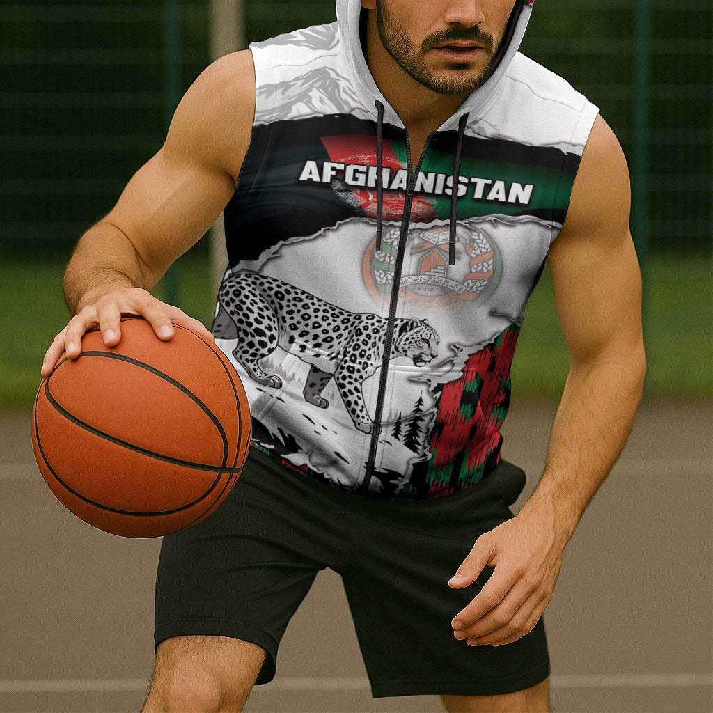 Personalized Afghanistan Sleeveless Zip Hoodie Snow Leopard With Flag Ripped Style