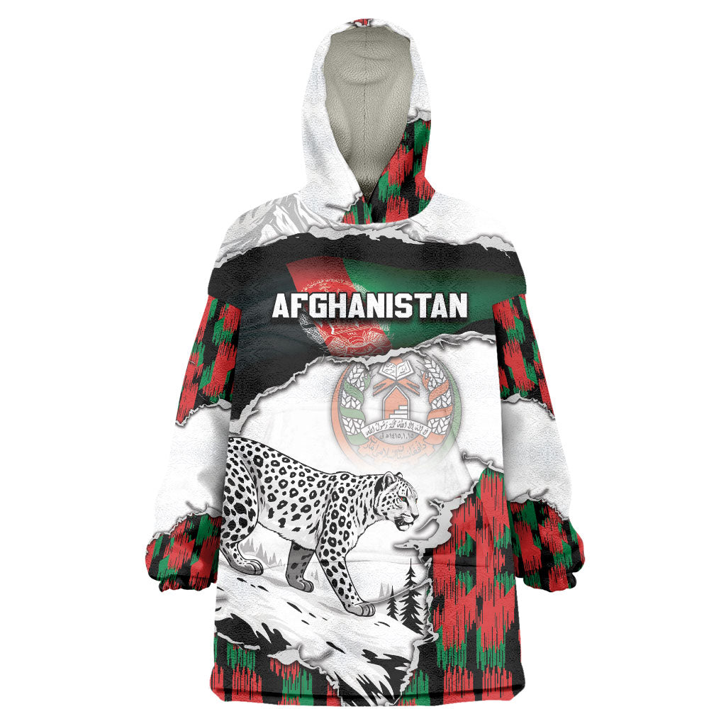Personalized Afghanistan Wearable Blanket Hoodie Snow Leopard With Flag Ripped Style