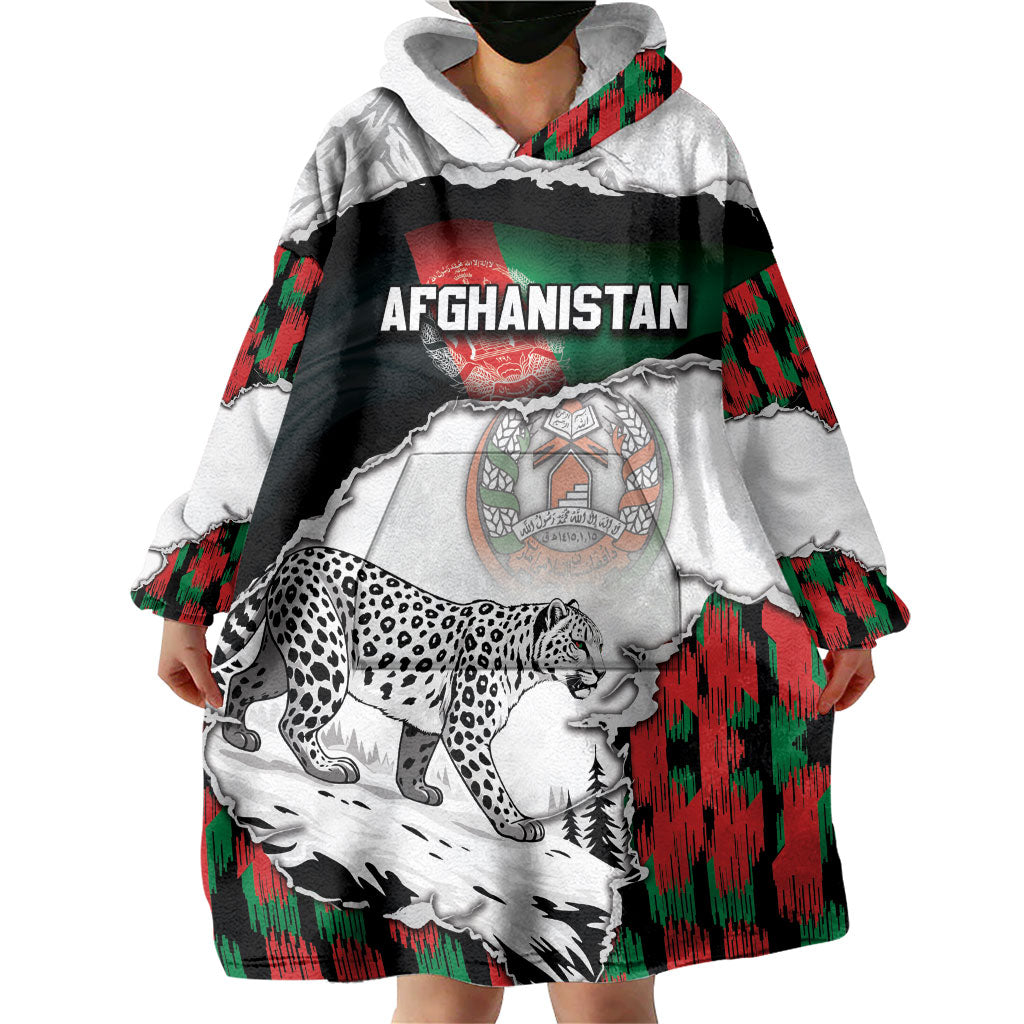 Personalized Afghanistan Wearable Blanket Hoodie Snow Leopard With Flag Ripped Style