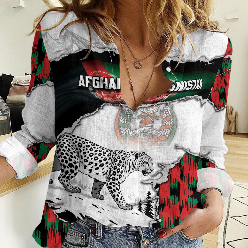 Personalized Afghanistan Women Casual Shirt Snow Leopard With Flag Ripped Style