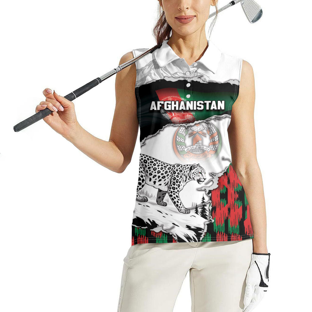 Personalized Afghanistan Women Sleeveless Polo Shirt Snow Leopard With Flag Ripped Style