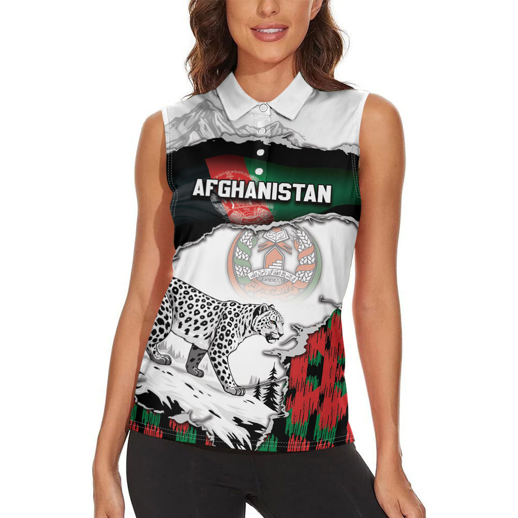 Personalized Afghanistan Women Sleeveless Polo Shirt Snow Leopard With Flag Ripped Style